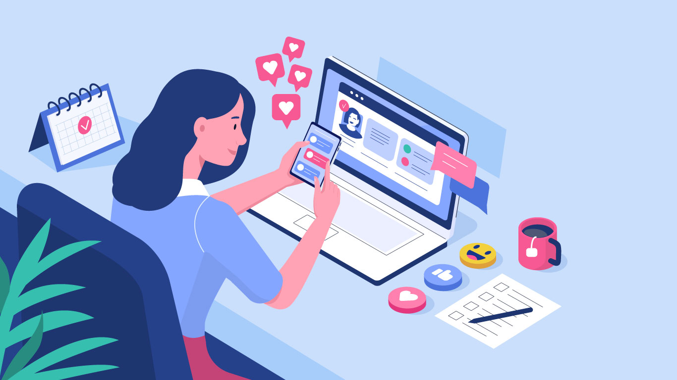 Ilustración de una mujer optimizando su perfil en redes sociales desde el celular y la computadora.